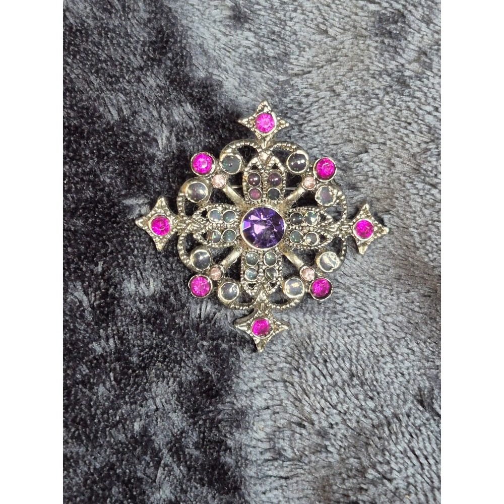 Vintage Maltese Cross Brooch Purple Rhinestone Antiqued Silver Tone Pin